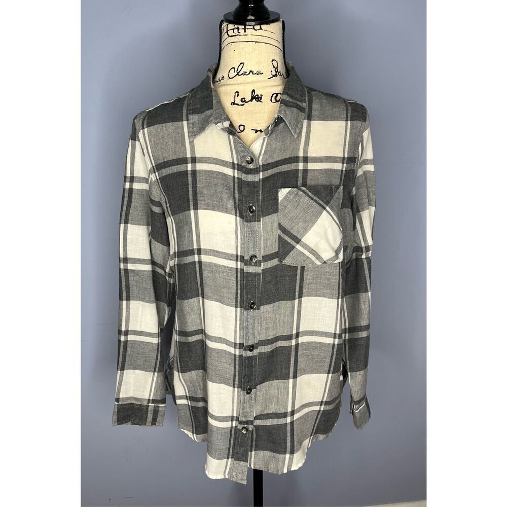 Vanilla Star Women's Medium Black Grey White Long Sleeve Button Down Shirt Top